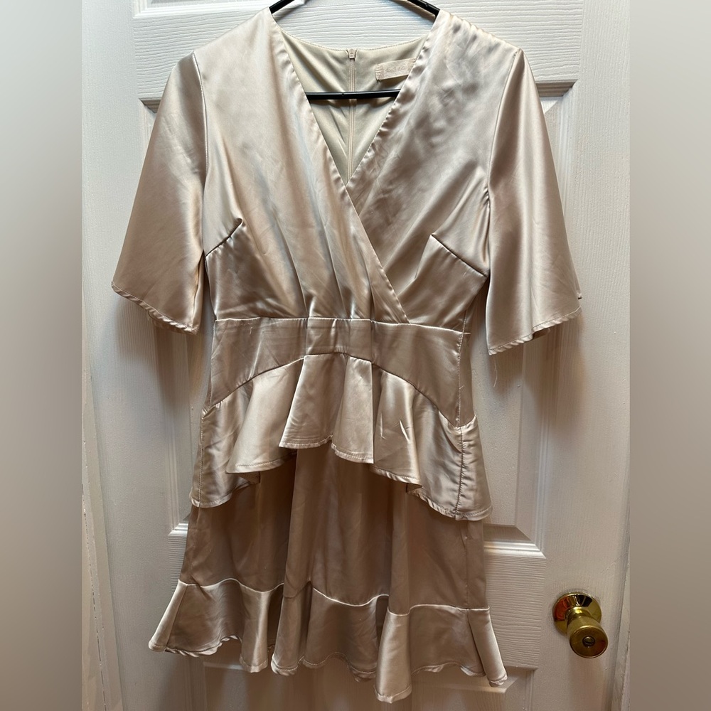 Altar'd State Champagne Satin High-Low Peplum Dress